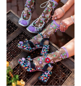 Rabbit Floral Black Sheer Crew Sock