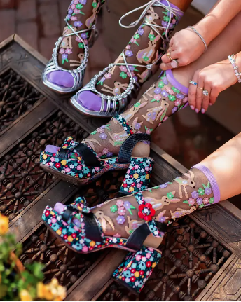 Rabbit Floral Black Sheer Crew Sock