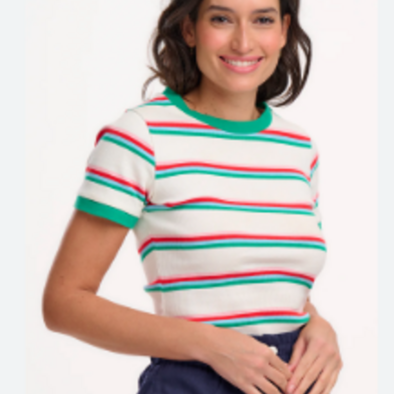 Sugarhill Brighton VELDA FITTED T-SHIRT OFF-WHITE/MULTI, RETRO STRIPE