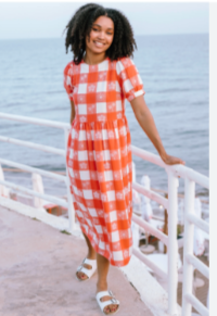 Sugarhill Brighton WREN SMOCK DRESS OFF- WHITE/CORAL,  TROPICAL GINGHAM