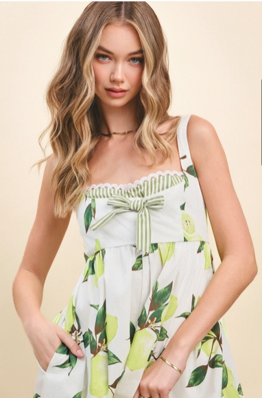 Lemon Tree Print Back Smocked Detail Casual Romper