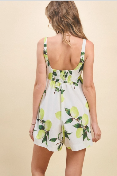 Lemon Tree Print Back Smocked Detail Casual Romper