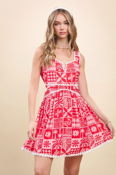 Red Crochet Dotted Trim Dress