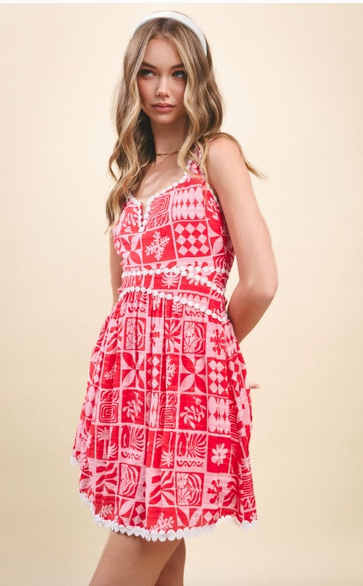 Red Crochet Dotted Trim Dress