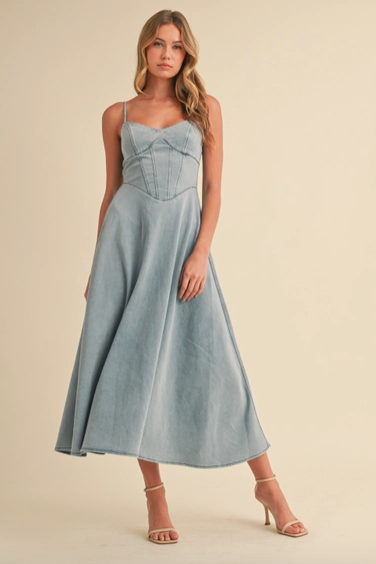 Klesis Denim Paneled A-Line Midi Dress