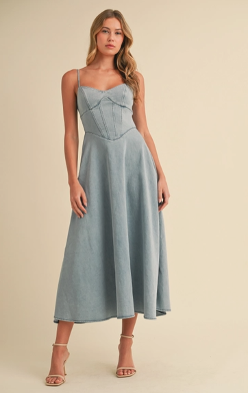 Klesis Denim Paneled A-Line Midi Dress