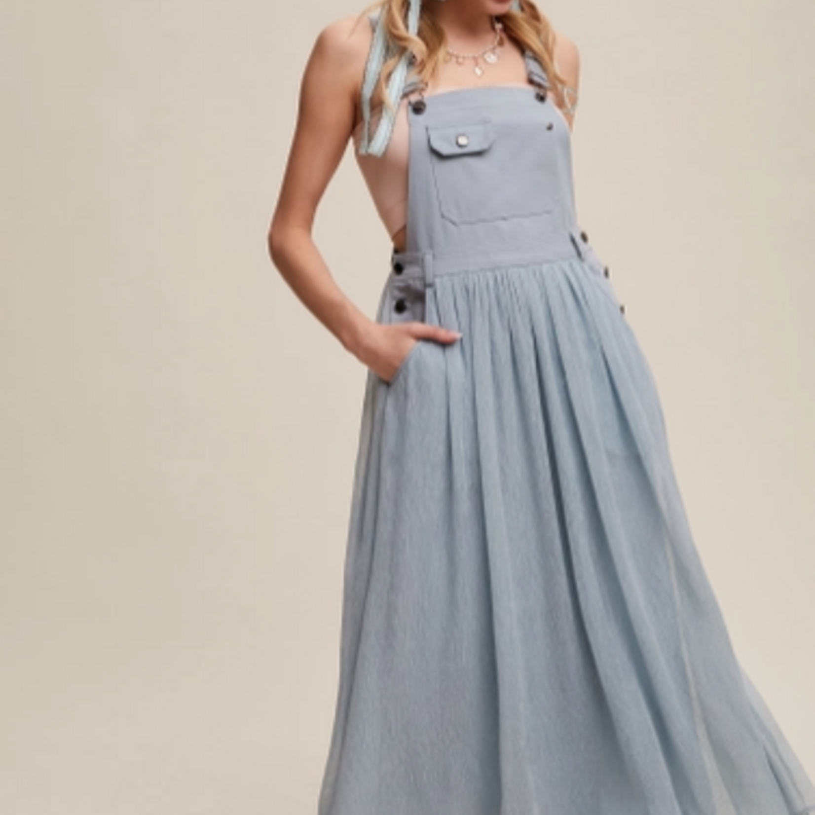 Dusty Blue Cotton Maxi Overall Dress