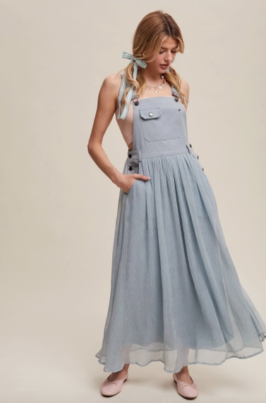 Dusty Blue Cotton Maxi Overall Dress