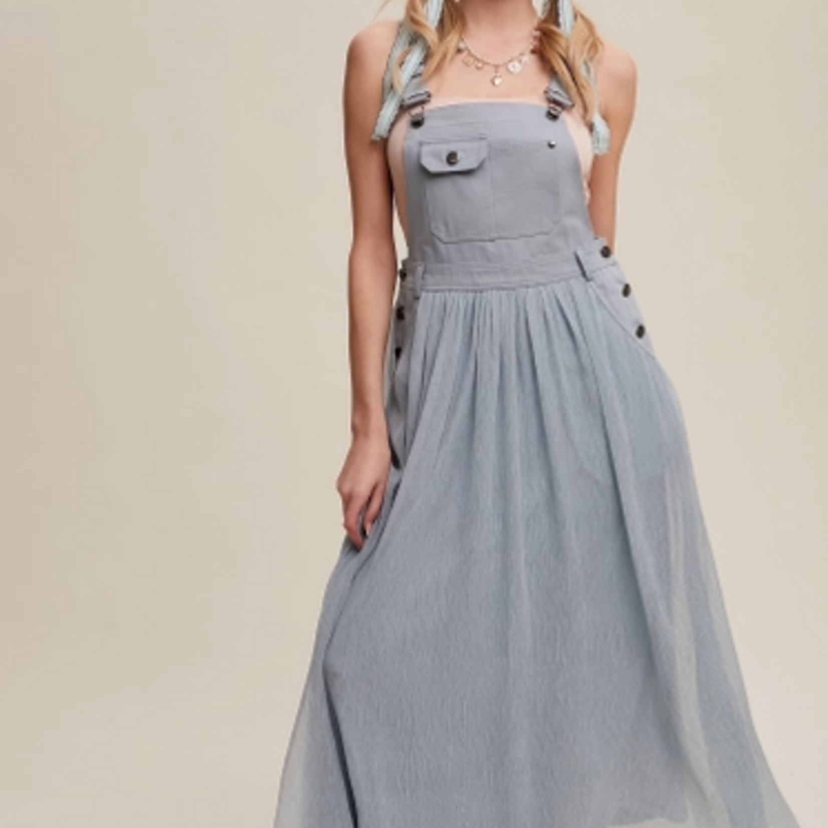 Dusty Blue Cotton Maxi Overall Dress