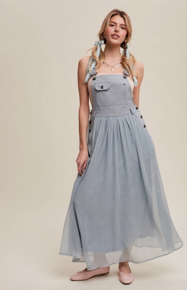 Dusty Blue Cotton Maxi Overall Dress