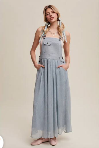 Dusty Blue Cotton Maxi Overall Dress