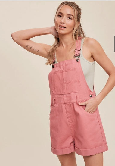 Pink Cotton Twill Short Overalls