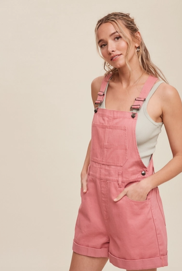 Pink Cotton Twill Short Overalls