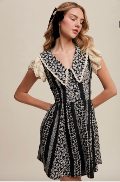 Black Vintage Lace Floral Mini Dress