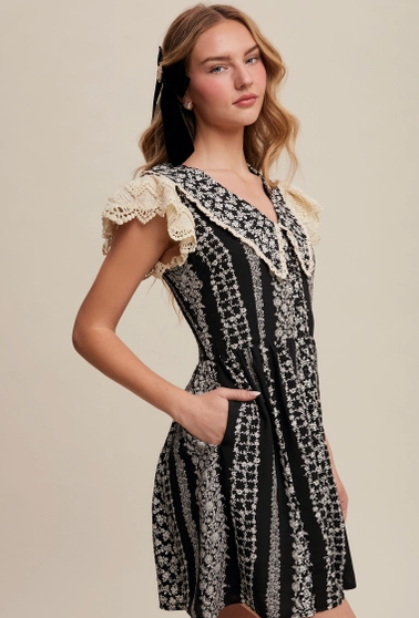 Black Vintage Lace Floral Mini Dress