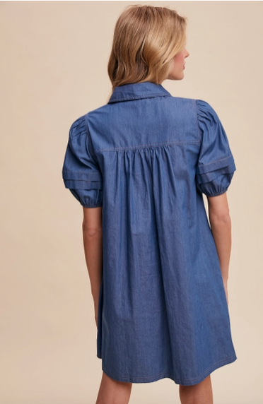 Denim Collared Puff Sleeve Mini Dress