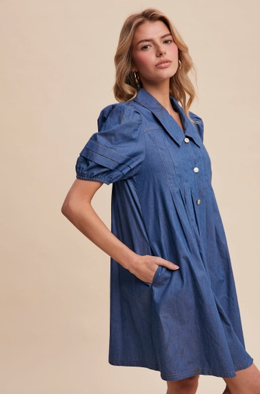 Denim Collared Puff Sleeve Mini Dress