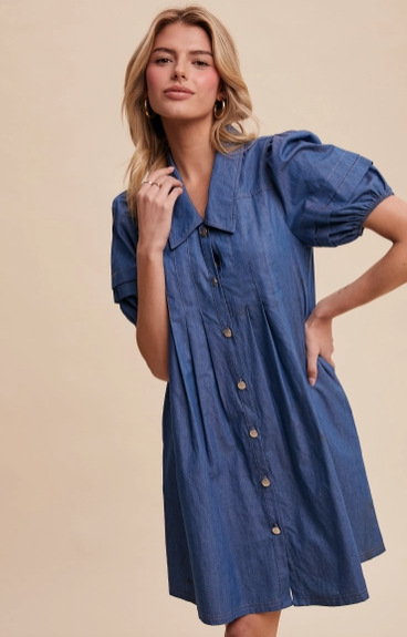 Denim Collared Puff Sleeve Mini Dress
