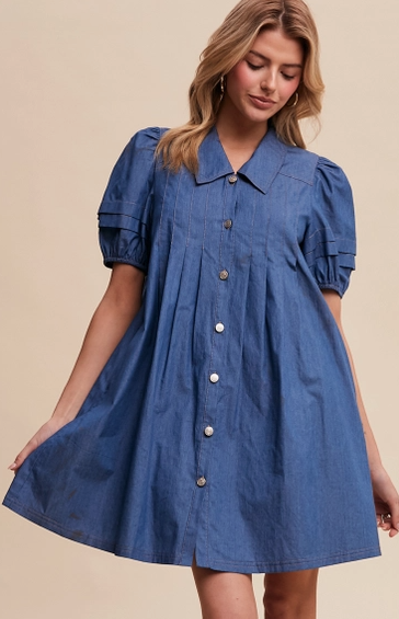 Denim Collared Puff Sleeve Mini Dress