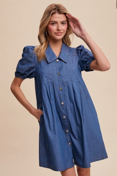 Denim Collared Puff Sleeve Mini Dress