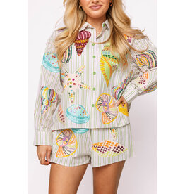 Queen of Sparkles Shell Striped Button Up Long Sleeve Top