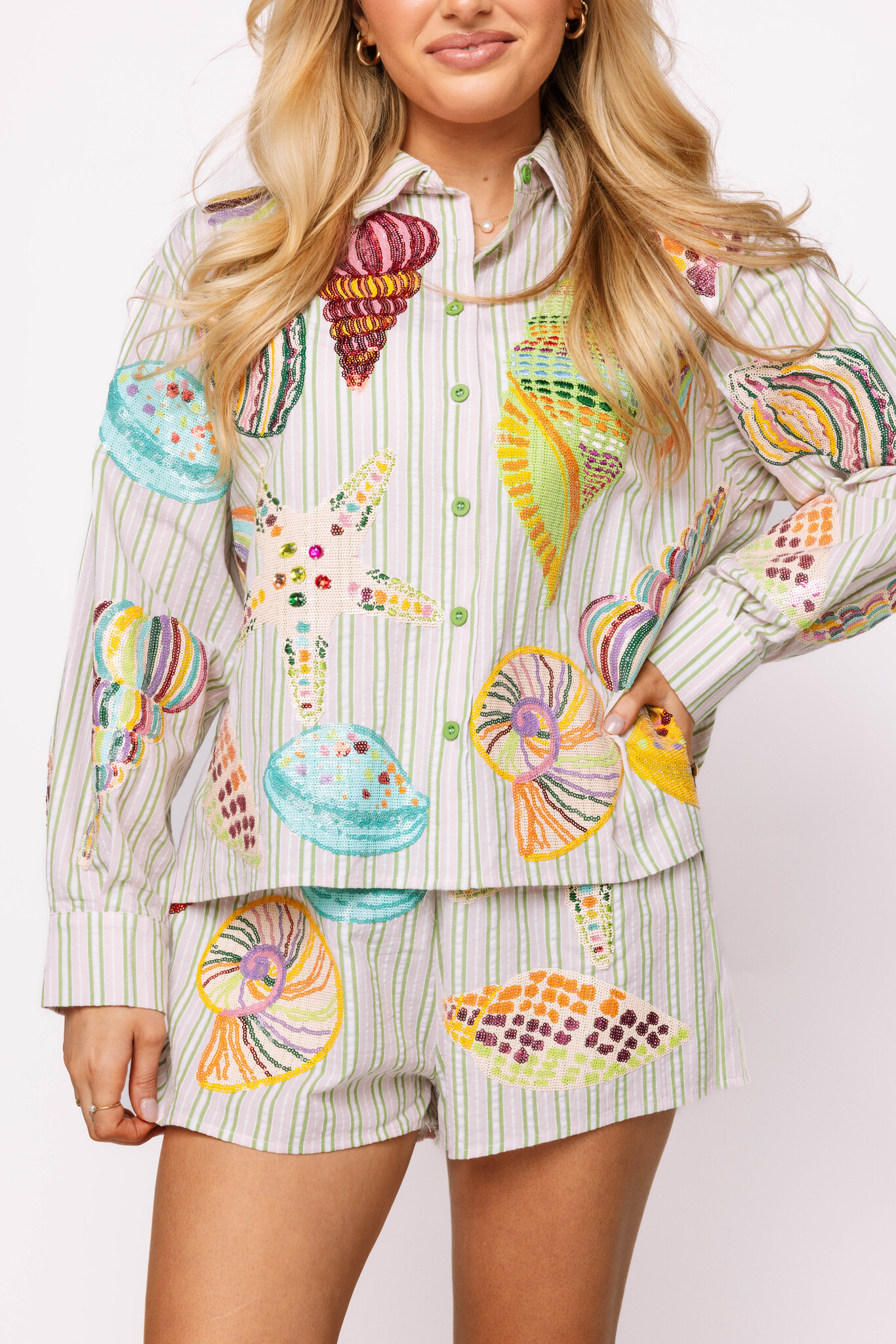 Queen of Sparkles Shell Striped Button Up Long Sleeve Top