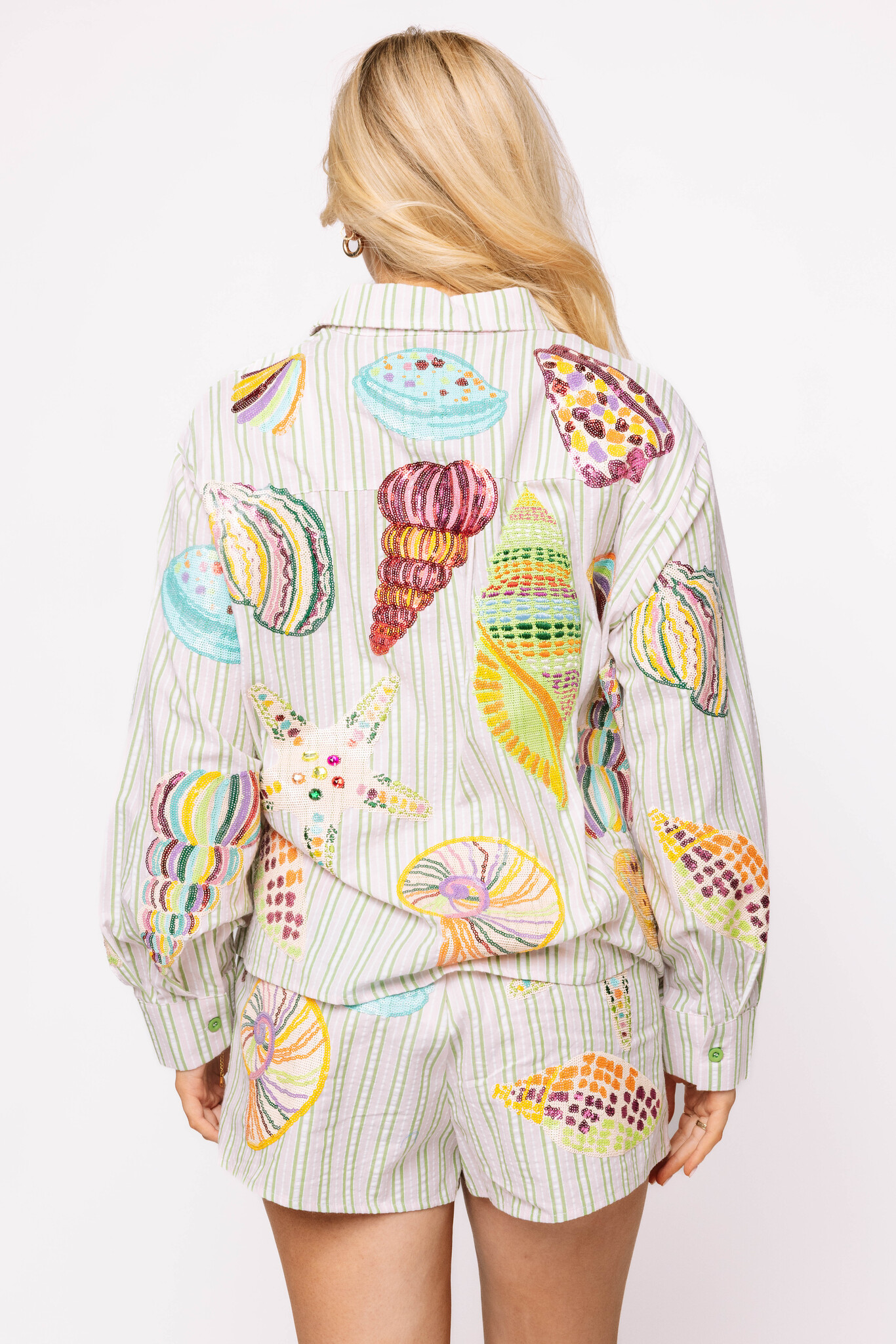 Queen of Sparkles Shell Striped Button Up Long Sleeve Top