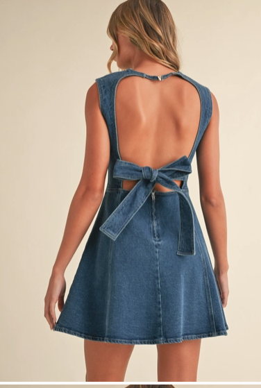 Klesis Open Back Denim Dress with Back Bow
