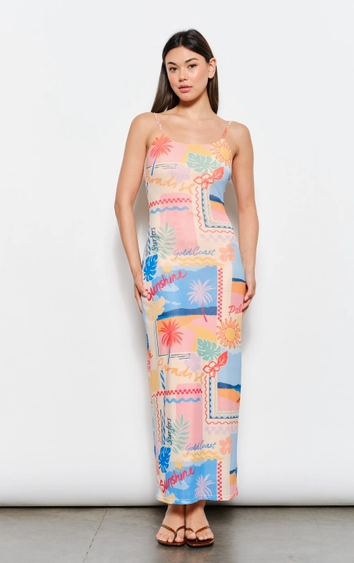 Beach Print Mesh Maxi Dress