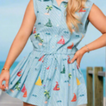 Queen of Sparkles Blue Stripe Sail Boat & Palm Tree Icon Cotton Collar Tie Dress