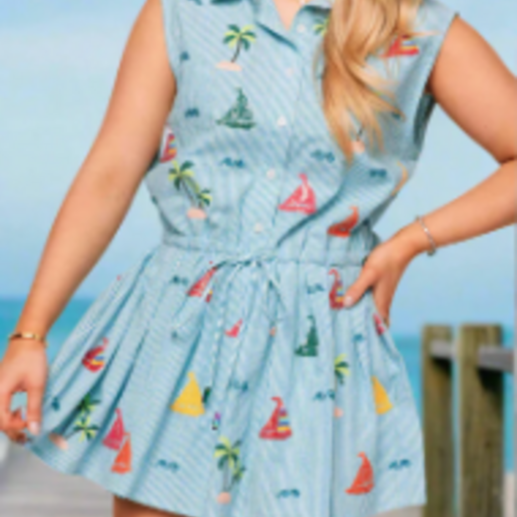 Queen of Sparkles Blue Stripe Sail Boat & Palm Tree Icon Cotton Collar Tie Dress