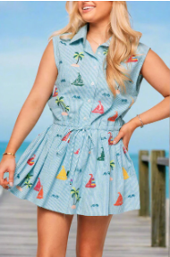 Queen of Sparkles Blue Stripe Sail Boat & Palm Tree Icon Cotton Collar Tie Dress