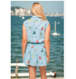 Queen of Sparkles Blue Stripe Sail Boat & Palm Tree Icon Cotton Collar Tie Dress