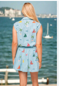 Queen of Sparkles Blue Stripe Sail Boat & Palm Tree Icon Cotton Collar Tie Dress