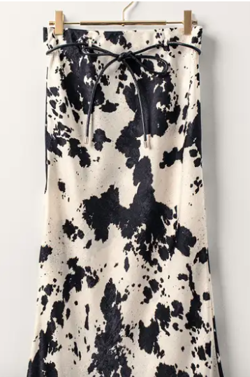 Cowhide Print Satin Drawstring Midi Skirt