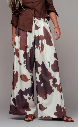 Rustic Ranch Cowhide Print Wide-Leg Pants