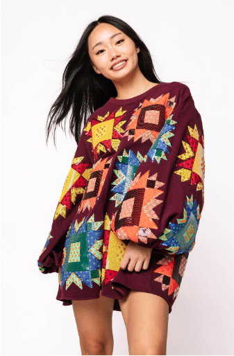Queen of Sparkles Maroon Patchwork Balloon Sleeve Dress