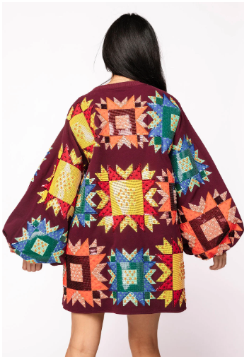 Queen of Sparkles Maroon Patchwork Balloon Sleeve Dress