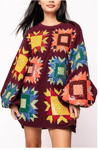 Queen of Sparkles Maroon Patchwork Balloon Sleeve Dress