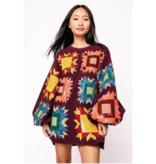 Queen of Sparkles Maroon Patchwork Balloon Sleeve Dress