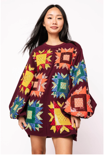 Queen of Sparkles Maroon Patchwork Balloon Sleeve Dress