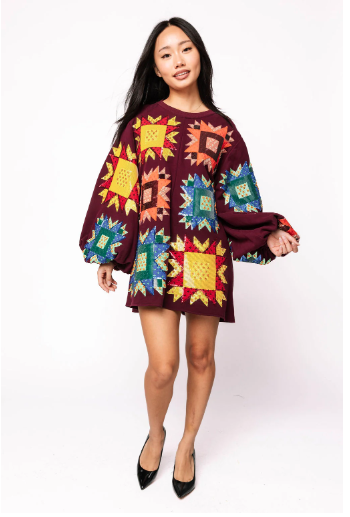 Queen of Sparkles Maroon Patchwork Balloon Sleeve Dress