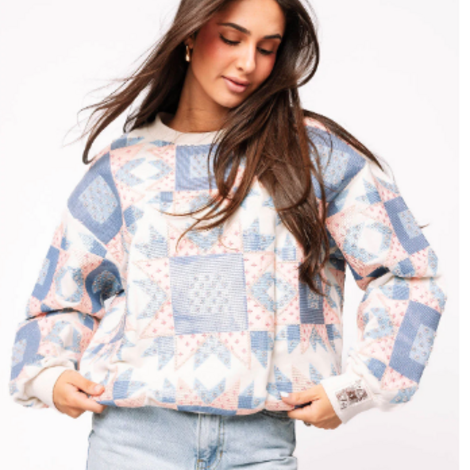 Queen of Sparkles Ivory, Blue & Light Pink Patchwork Sweatshirt