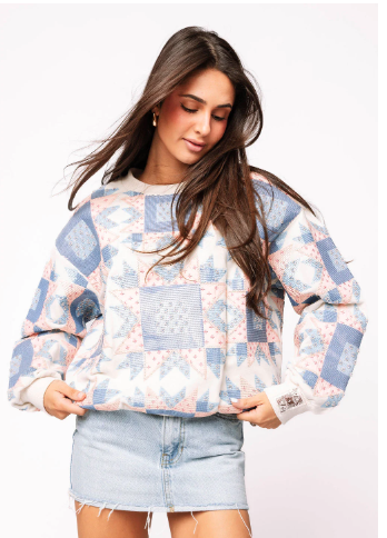 Queen of Sparkles Ivory, Blue & Light Pink Patchwork Sweatshirt