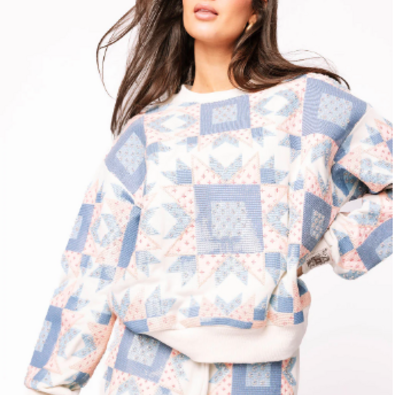 Queen of Sparkles Ivory, Blue & Light Pink Patchwork Sweatshirt