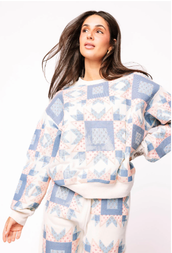 Queen of Sparkles Ivory, Blue & Light Pink Patchwork Sweatshirt