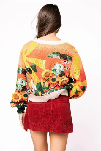 Queen of Sparkles Farm With Knit Sunflowers Button Up Cardigan