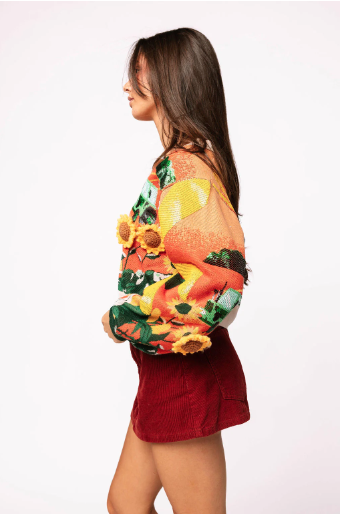 Queen of Sparkles Farm With Knit Sunflowers Button Up Cardigan