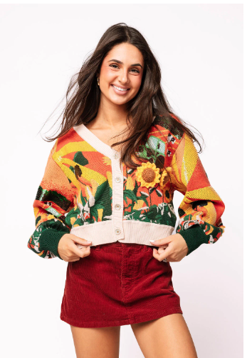 Queen of Sparkles Farm With Knit Sunflowers Button Up Cardigan