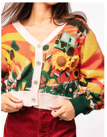 Queen of Sparkles Farm With Knit Sunflowers Button Up Cardigan
